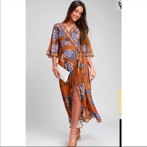 Orange and Blue Floral Maxi Wrap Dress